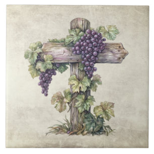 Rustic Vintage Watercolor Grapes Wooden Cross Ceramic Tile