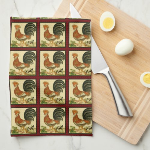Rustic Vintage Watercolor  Rooster Chicken Pattern Kitchen Towel
