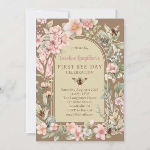 Rustic Vintage Watercolor Wildflower First Bee_Day Invitation