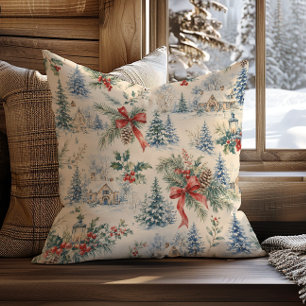 Rustic Vintage Watercolor Winter Village Christmas Throw Pillow