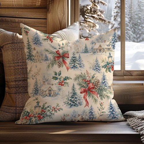 Rustic Vintage Watercolor Winter Village Christmas Throw Pillow