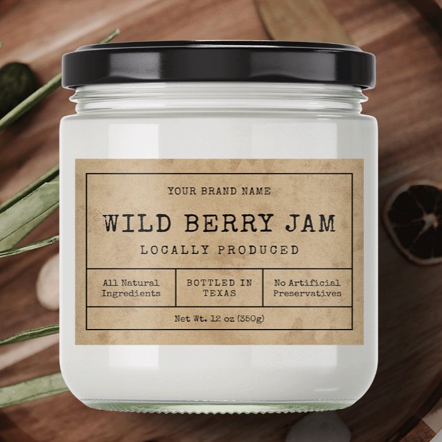 Rustic Vintage Waterproof Homemade Jam Jar Label (Rustic craft paper effect food labels with vintage style fonts and minimalist layout)