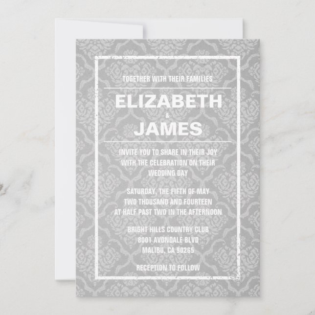 Rustic Vintage White Damask Wedding Invitations (Front)