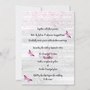 Rustic Vintage Whitewashed Pink Butterfly Wedding Invitation