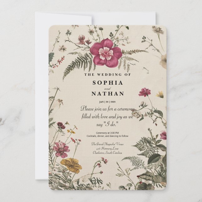 Rustic Vintage Wildflower Wedding Invitation (Front)