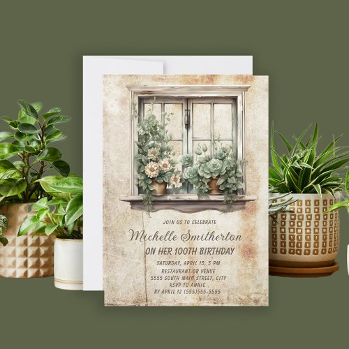 Rustic Vintage Window Succulents 100th Birthday Invitation