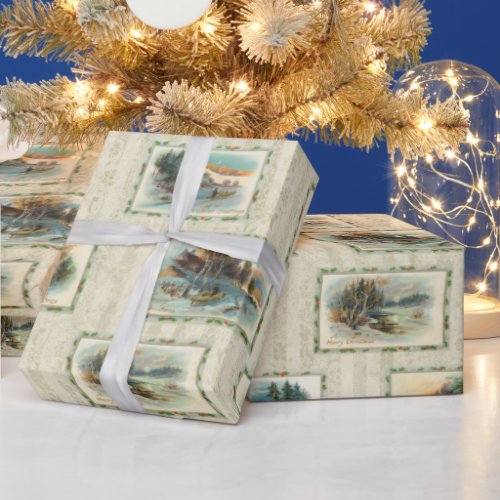 Rustic Vintage Winter Landscape Collage Wrapping Paper