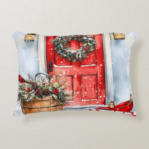 Rustic Vintage Winter Red Christmas Door Wreath Accent Pillow