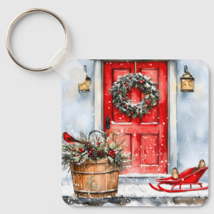 Rustic Vintage Winter Red Christmas Door Wreath Keychain