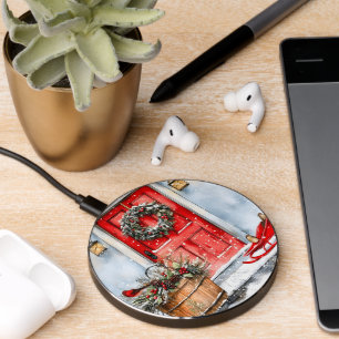 Rustic Vintage Winter Red Christmas Door Wreath Wireless Charger