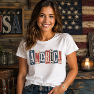 Rustic Vintage Wood Block AMERICA Patriotic T-Shirt