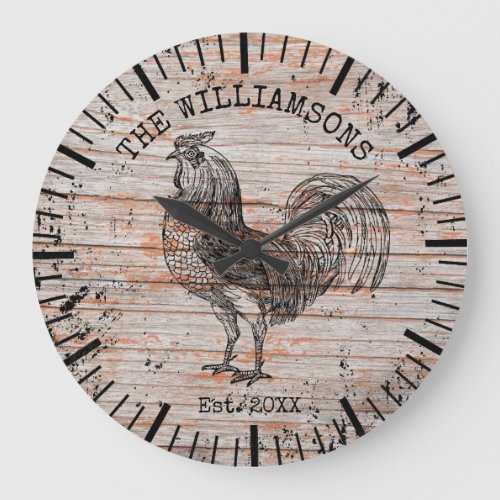 Rustic Vintage Wood Family Name Farm Chicken Large Clock