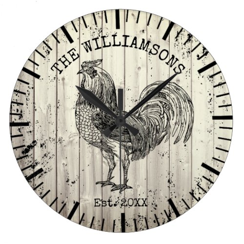 Rustic Vintage Wood Family Name Farm Chicken Large Clock