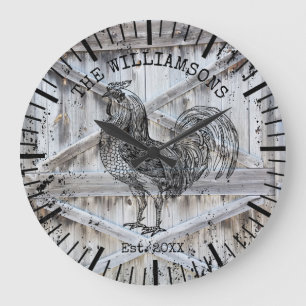 Rustic Vintage Wood Family Name Farm Rooster Large Clock