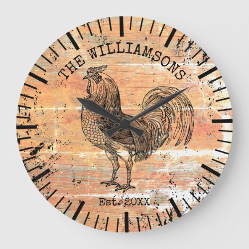 Rustic Vintage Wood Family Name Farm Rooster Large Clock