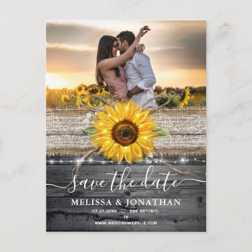 Rustic Vintage Wood Lace Sunflower Save the Date Postcard
