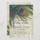 Rustic Vintage Wood Navy Turquoise Peacock Wedding Invitation (Front/Back)