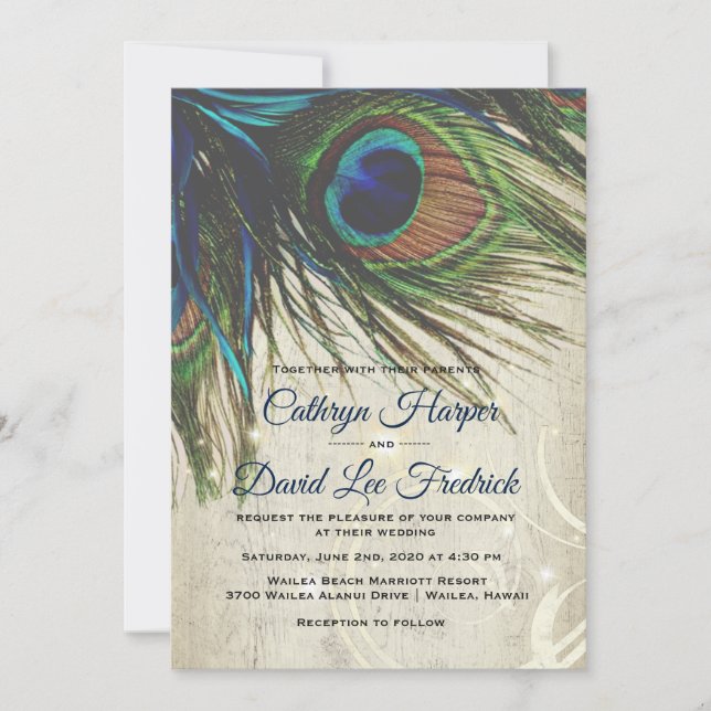 Rustic Vintage Wood Navy Turquoise Peacock Wedding Invitation (Front)