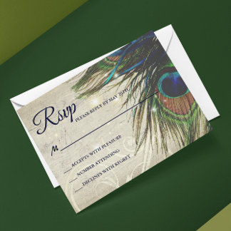 Rustic Vintage Wood Navy Turquoise Peacock Wedding RSVP Card