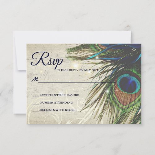 Rustic Vintage Wood Navy Turquoise Peacock Wedding RSVP Card