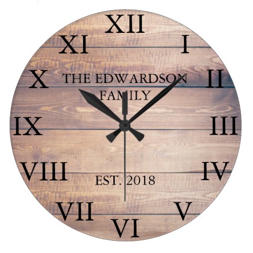 Rustic vintage wood Roman numbers family name Large Clock
