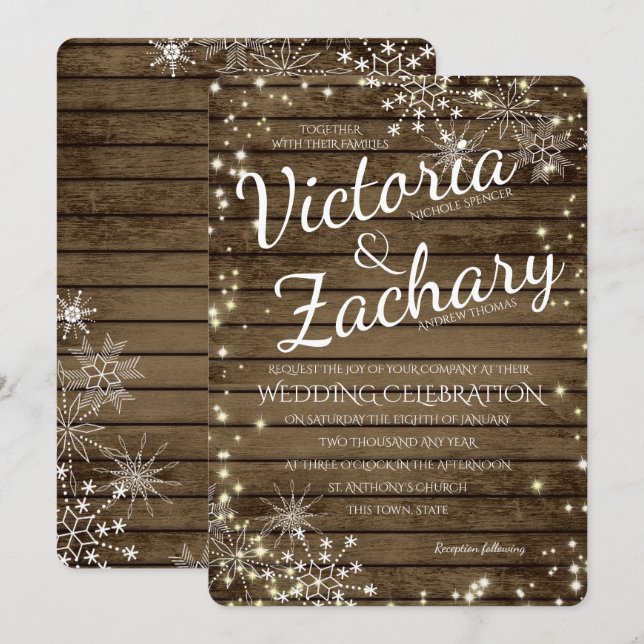 Rustic Vintage Wood Snowflakes and Sparkle Wedding Invitation (Front/Back)