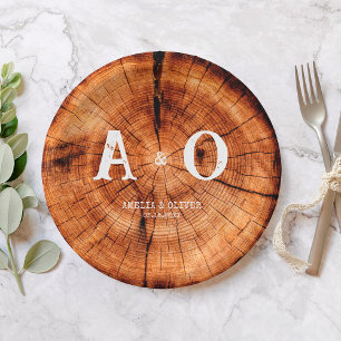Rustic Vintage Wood Tree Slice Monogram Wedding Paper Plates