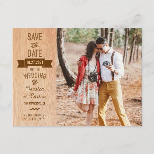 Rustic Vintage Wood Typography Photo Save the Date Announcement Postcard