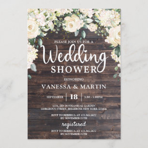 Rustic vintage wood white floral wedding shower invitation