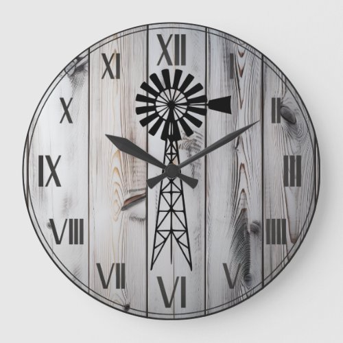 Rustic Vintage Wooden White Farmhouse and windmill Large Clock