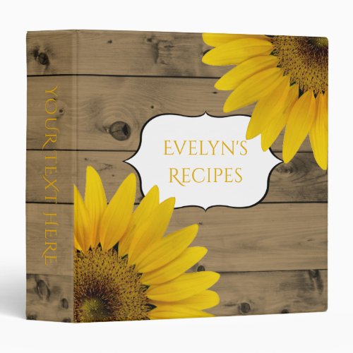 Rustic Vintage Woodgrain Sunflowers Recipe Book 3 Ring Binder