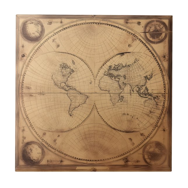 Rustic Vintage World Map Globe Ceramic Tile (Front)