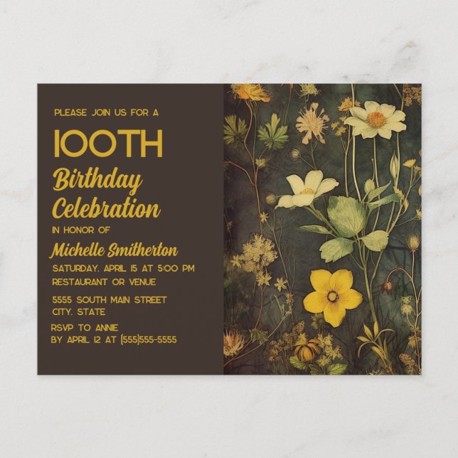 Rustic Vintage Yellow Black Floral 100th Birthday Invitation Postcard (Front)