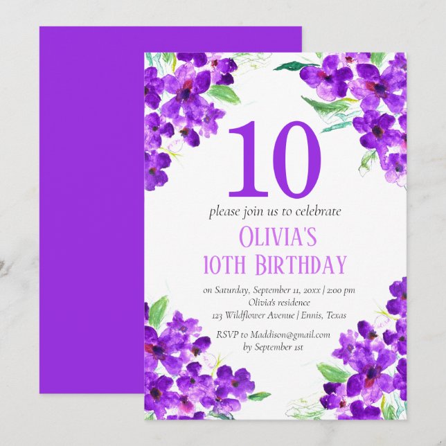 Rustic Violet 10th Birthday Purple Floral Invitation (Front/Back)