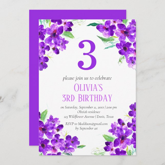 Rustic Violet 3rd Birthday Purple Floral Invitation (Front/Back)