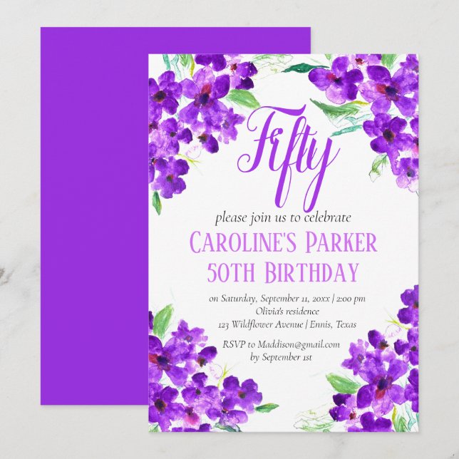 Rustic Violet 50th Birthday Purple Floral Invitation (Front/Back)