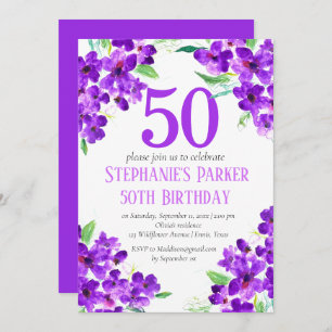 Rustic Violet 50th Birthday Purple Floral Invitation