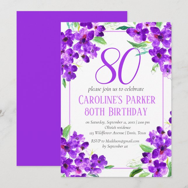 Rustic Violet 80th Birthday Purple Floral Invitation (Front/Back)