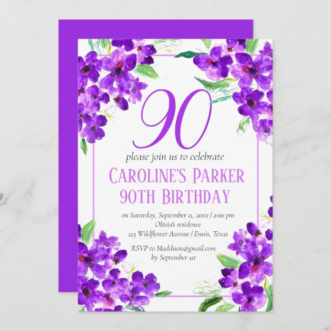 Rustic Violet 90th Birthday Purple Floral Invitation (Front/Back)