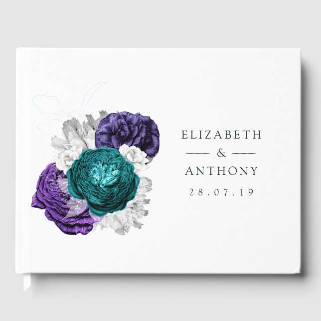 Rustic Violet and Turquoise Floral Wedding Guest Book (Front)