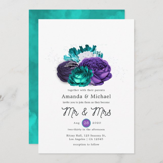 Rustic Violet and Turquoise Floral Wedding Invitation (Front/Back)
