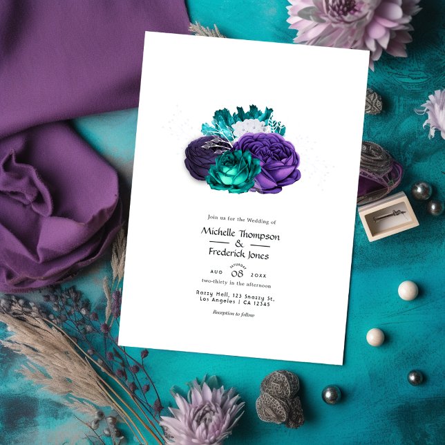 Rustic Violet and Turquoise Floral Wedding Invitation (Creator Uploaded)