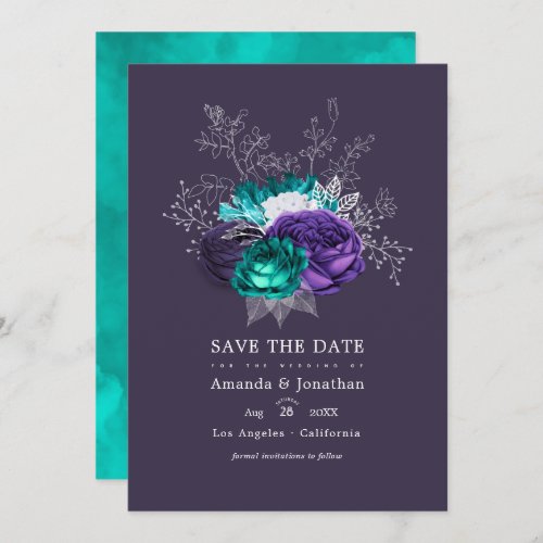 Rustic Violet and Turquoise Floral Wedding Photo Save The Date