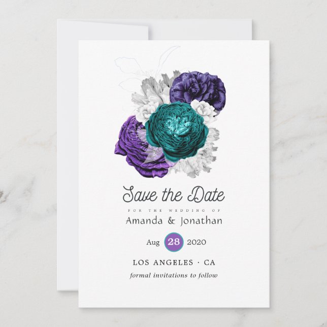 Rustic Violet and Turquoise Floral Wedding Save The Date (Front)