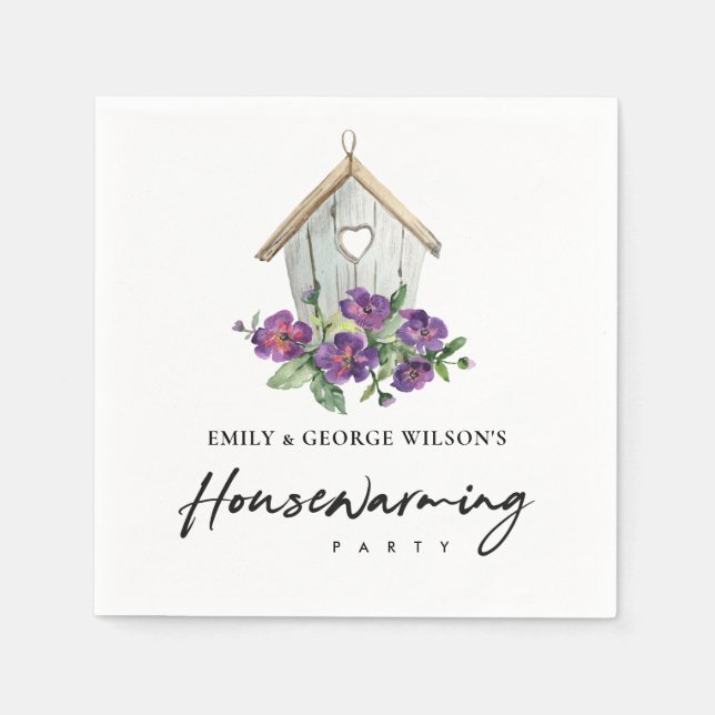RUSTIC VIOLET FLORAL BIRD HOUSE HOUSEWARMING PARTY NAPKINS (Front)