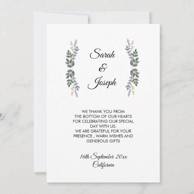 Rustic Violet Foliage Wedding Thank You Card (Front)