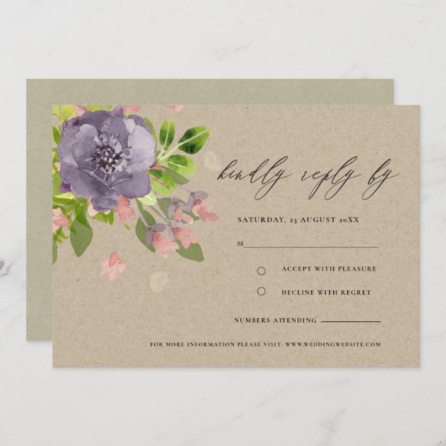 RUSTIC VIOLET KRAFT WILD FLOWER & FOLIAGE MONOGRAM INVITATION (Front/Back)