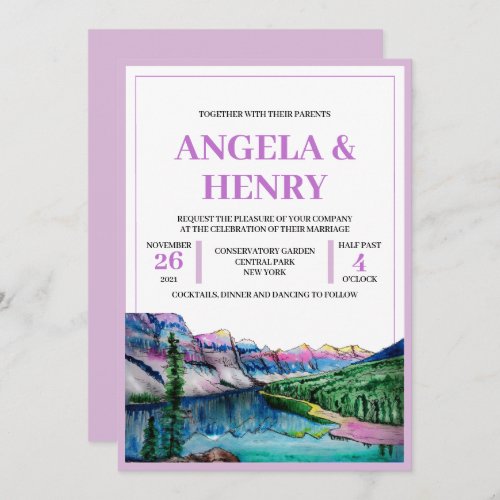 Rustic Violet Mountains Scenery Wedding Invitation