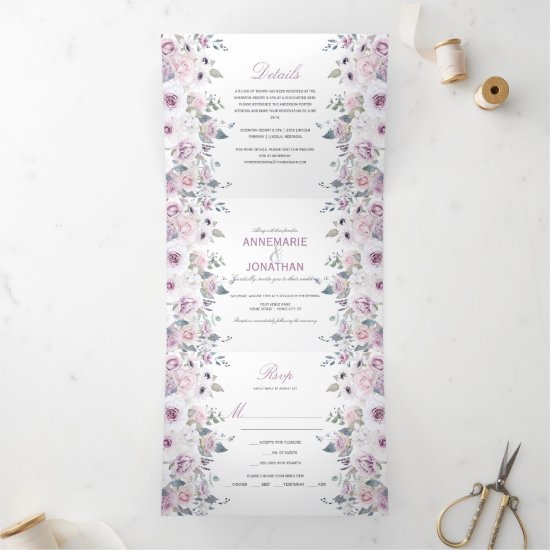 Rustic Violet & Pink Watercolor Roses Wedding Tri-Fold Invitation
