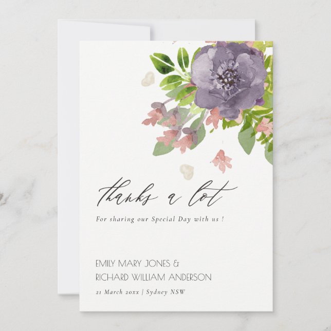 RUSTIC VIOLET PINK WILD FLOWER & FOLIAGE Thank You Card (Front)